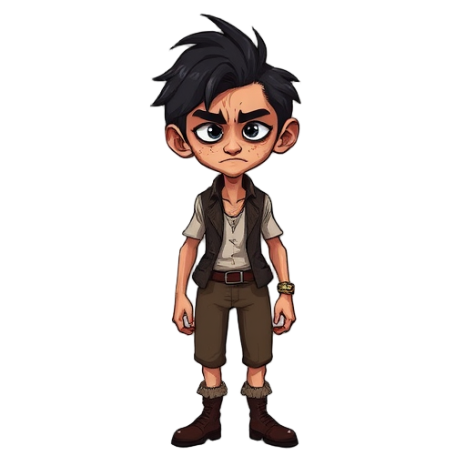 design a thin man, in his thirties, with dark hair and intense eyes. he wears antiquated, worn clothes, reflecting isolation. his physique displays stress and obsession, merging the ordinary with the bizarre in his countenance.
