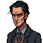 design a thin man, in his thirties, with dark hair and intense eyes. he wears antiquated, worn clothes, reflecting isolation. his physique displays stress and obsession, merging the ordinary with the bizarre in his countenance.
