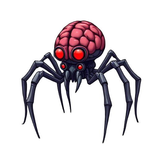 tall slender long legs horror spider machine with encased human brain red eyes tubes metallic aggressive dangerous hunting