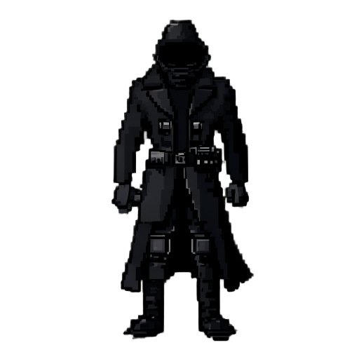 a 16bit pixal art image of a dark mercenary wearing a black coat  