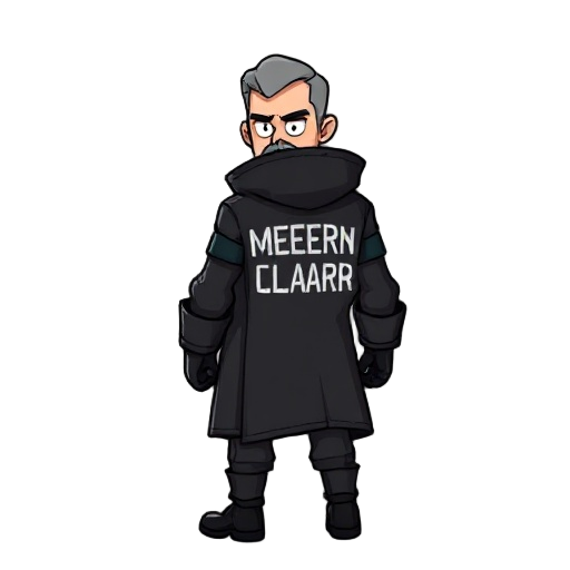 a mercenary wearing a black coat with a word on his back  