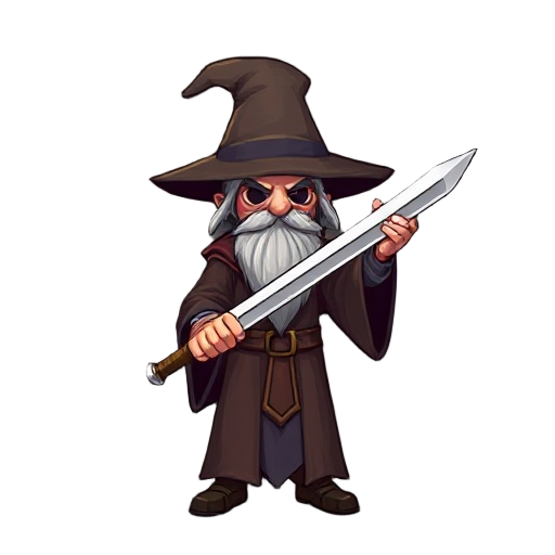 a wizard holds a long knife.