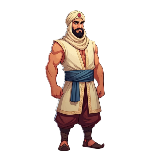 muscular middle‑eastern adventurer wearing beige turban, cream sleeveless tunic, blue sash, reddish brown pants, cartoon style, clean outlines, high resolution