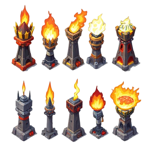 create a whole different spirit sheet for the 10 different type of pixel weapon towers from wodden spike thrower, to nail bombs to freakin flamethrower