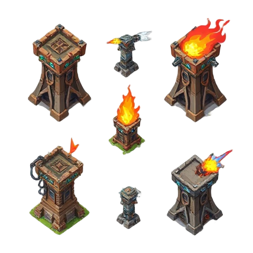 create a whole different spirit sheet for the 10 different type of pixel weapon towers from wodden spike thrower, to nail bombs to freakin flamethrower, we are living in a post apocalyptic world of zombies, we probably don't have enough resources to make 