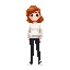 ginger girl with curly hair, white sweater, black jeans and black all-stars