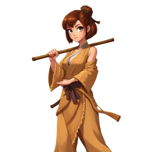 anime shaolin girl, 25yo, tall and athletic yet graceful, narrow waist, wide hips, large d+ chest, smooth tanned golden skin with light sweat, short russet bob hair, gray-blue eyes, torn light-brown saffron robes, holding a wooden bo staff, dynamic and se