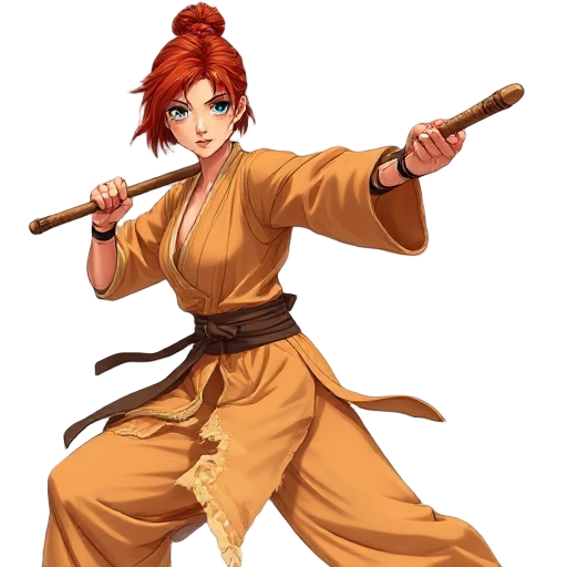 anime female shaolin warrior, 25yo, tall (170cm), athletic yet graceful body, narrow waist, wide hips, large d+ chest, smooth tanned golden skin with light sweat, short russet bob hair, gray-blue eyes, torn light-brown saffron robes, holding wooden bo sta
