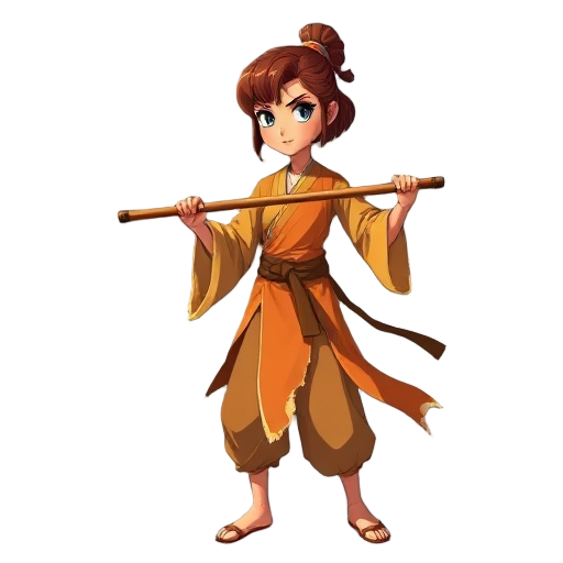 full-body anime shaolin girl, tall and athletic yet graceful, tanned golden skin, large chest, short russet bob hair, gray-blue eyes, torn saffron robes, holding wooden bo staff, dynamic pose, sunlight, minimal warm production i.g / trigger style.