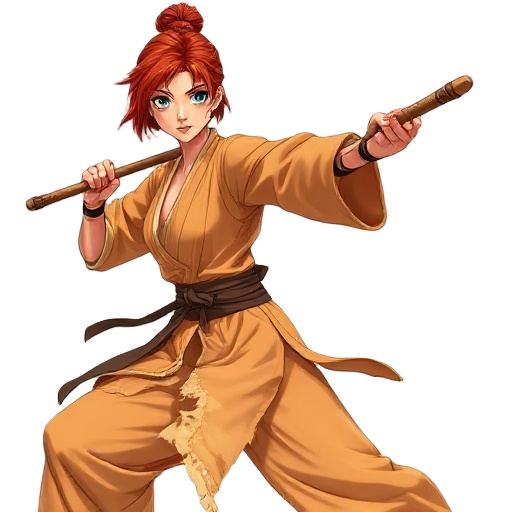 anime female shaolin warrior, 25yo, tall (170cm), athletic yet graceful body, narrow waist, wide hips, large d+ chest, smooth tanned golden skin with light sweat, short russet bob hair, gray-blue eyes, torn light-brown saffron robes, holding wooden bo sta