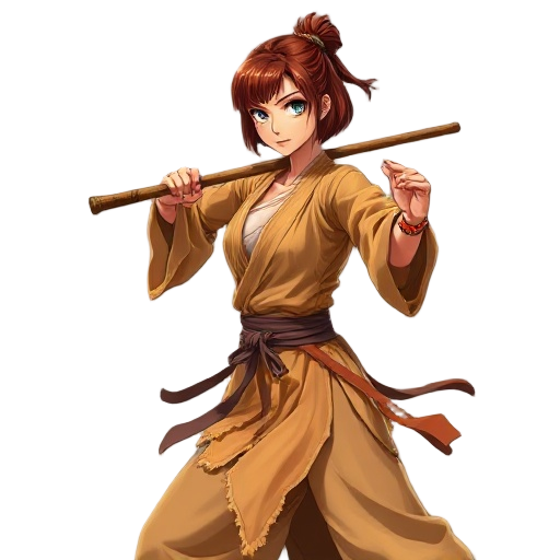 anime female shaolin warrior, 25yo, tall (170cm), athletic yet graceful body, narrow waist, wide hips, large d+ chest, smooth tanned golden skin with light sweat, short russet bob hair, gray-blue eyes, torn light-brown saffron robes, holding wooden bo sta
