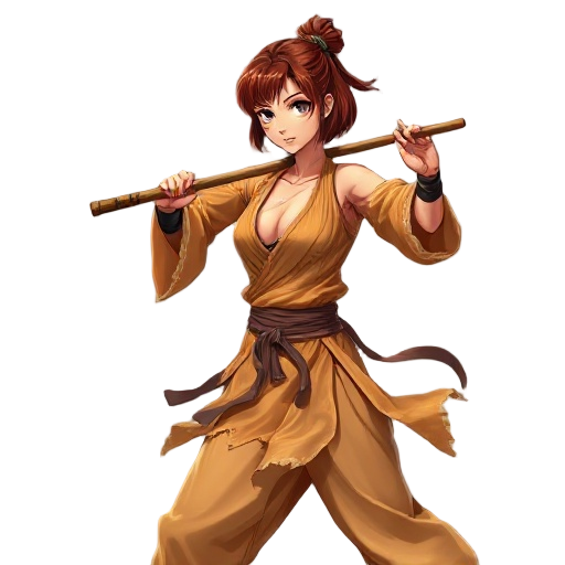 anime female shaolin warrior, 25yo, tall athletic yet graceful body, narrow waist, wide hips, large d+ chest, smooth tanned golden skin with light sweat, short russet bob hair, gray-blue eyes, torn light-brown saffron robes, holding wooden bo staff, dynam