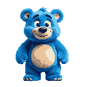 un oso de peluche de aspecto cartoon, de cuerpo completo y de pie, sobre fondo blanco. el oso es enteramente de color azul celeste vibrante, con algunas sombras sutiles en azul más oscuro, lo que resalta contornos y volúmenes suaves. su panza, brazos, pie