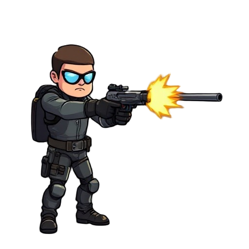 genera un sprite de movimiento donde se vea la animación de un personaje de un video juego post apocalíptico que este disparando con su pistola apuntando haciendo el frente 