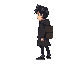 boy, black coat, facing right, black hair, with right arm stretched out, energy in hand, backpack on his back