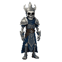 a priest skeleton warrior in plate armor and blue dress