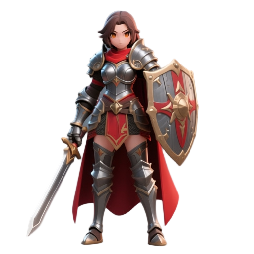 stylized fantasy rpg warrior character,  pauldrons and chest plate, medieval fantasy style, neutral t-pose, clean topology, mobile game quality, vibrant colors, genshin impact inspired, full body character, front facing,heavy steel armor, sword and shield