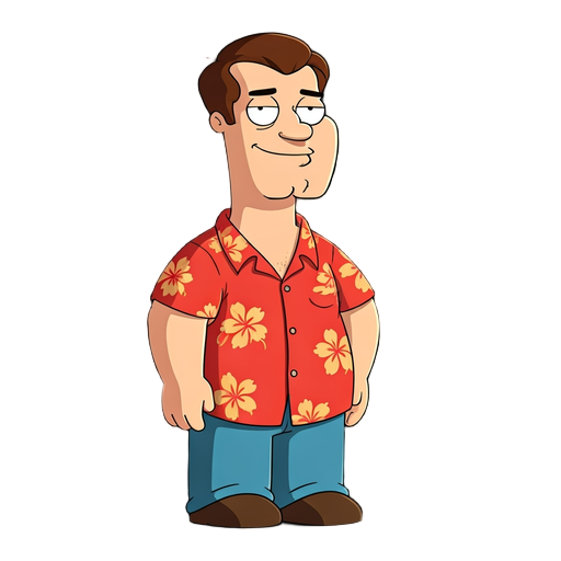 glenn quagmire in family guy style, red hawaiian shirt, big chin, confident pose, cartoon, clean lines, flat colors, full body, big smile, flirty expression, simple background