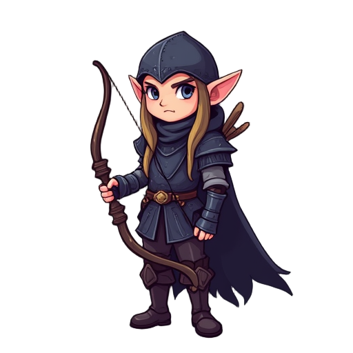 an elven archer, holding his bow with a dark themed armor standind, looking foward on a attack instance. pixel perfect art style.
