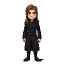 man, long brown hair, medieval black leather jacket, anime style