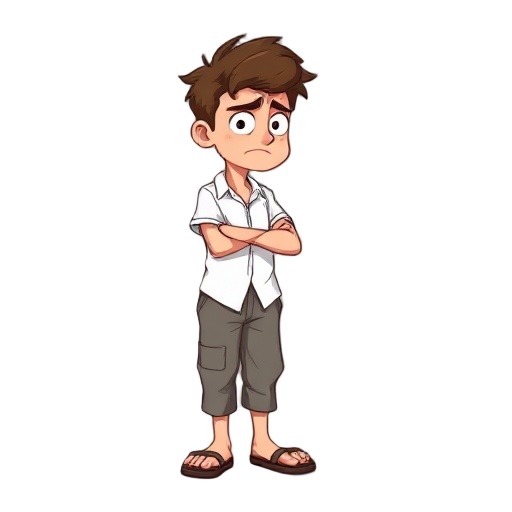  side view, anxious skinny white male office worker, wearing vacation outfit (short-sleeve shirt, long pants, sandals), worried facial expression, retro rpg, brown hair, look kind, messy hair