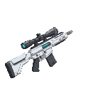 a high-tech future rifle, white and streamlined, firing lasers, with an energy turbine inside