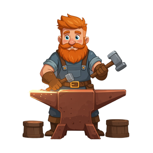 a blacksmith with a ginger hair and beard smithing his copper anvil