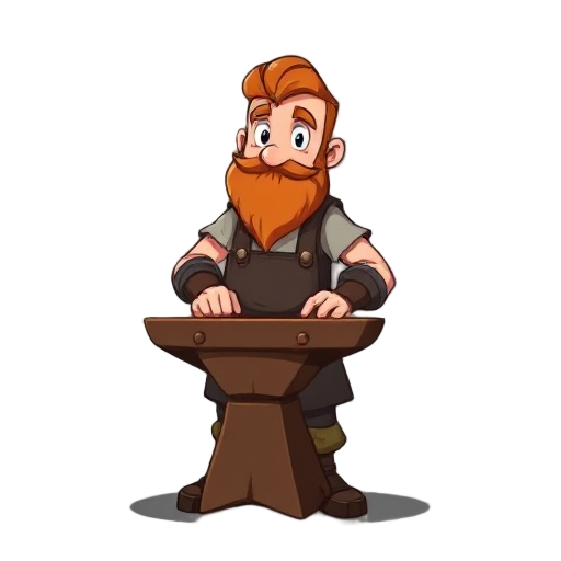 a blacksmith with a ginger hair and beard smithing his copper anvil