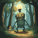 lamp-headed monster walking through a forest, chasing childrens