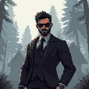 a black agent with his suit and armor vest in the middle of forest with cabin