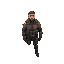 an agent staying with his armor-vest in the forest with cabin