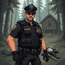 a police sergeant with his armor vest in the middle of forest with cabin and a dead body