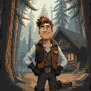 an agent staying with his vest in the forest with cabin