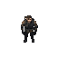 an agent staying with his armor-vest in the forest with cabin