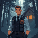 an agent with his suit and armor vest in the middle of forest with cabin