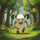lamb-headed monster walking through a forest, chasing childrens