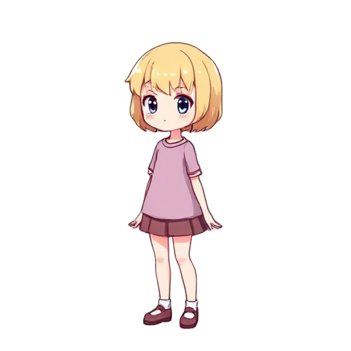 short blonde hair, short cute girl, short cute style, idle pose, slightly facing right, video game style. idle pose