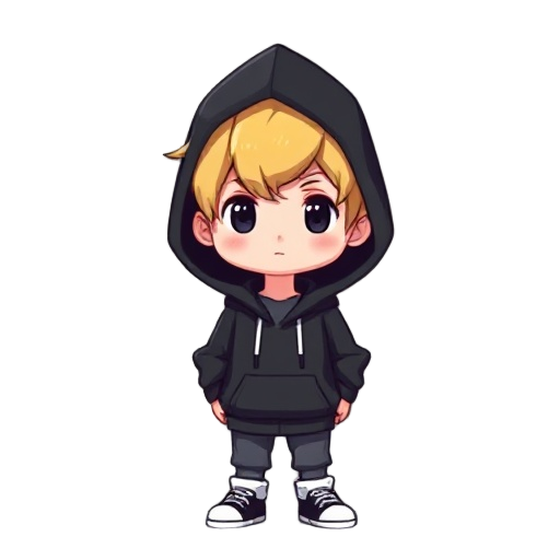 pixel is a white boy with a black hoodie and blonde hair