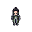 woman with gray armor and dark green robe. red/brown eyes.