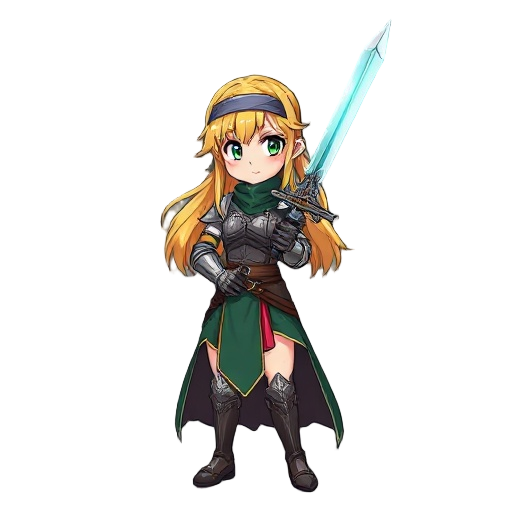a woman with blonde hair, a hairband wrapped around her head, armor, a dark green robe, and a sword that's slightly transparent and full of energy. anime style.