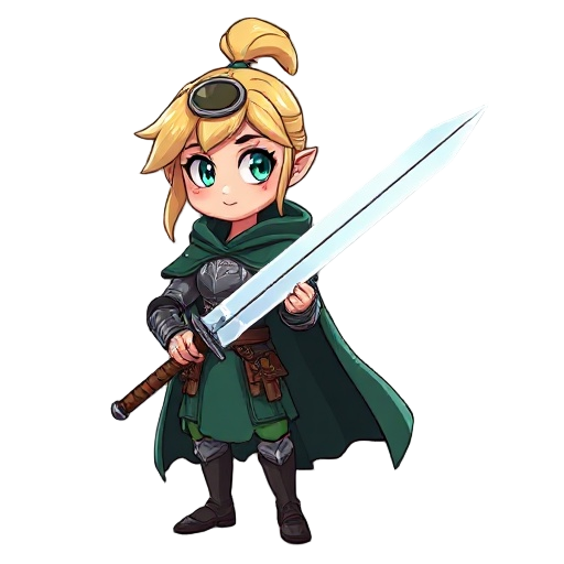 woman with blond hair, a circlet in her hair on top of her head, armor, a dark green robe and a sword, which is slightly transparent and full of energy