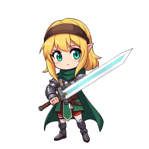 a woman with blonde hair, a hairband wrapped around her head, armor, a dark green robe, and a sword that's slightly transparent and full of energy. anime style.