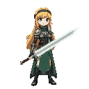 a woman with blonde hair, a hairband wrapped around her head, armor, a dark green robe, and a sword that's slightly transparent and full of energy. anime style.