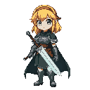 a woman with blonde hair, a hairband wrapped around her head, armor, a dark green robe, and a sword that's slightly transparent and full of energy. anime style.