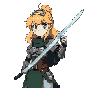 woman with blond hair, a circlet in her hair on top of her head, armor, a dark green robe and a sword, which is slightly transparent and full of energy. anime style