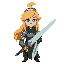 woman with blond hair, a circlet in her hair on top of her head, armor, a dark green robe and a sword, which is slightly transparent and full of energy