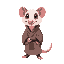 forward facing anthropromorphic opossum character dressed in robes with a white face and pink nose, ears, and tail