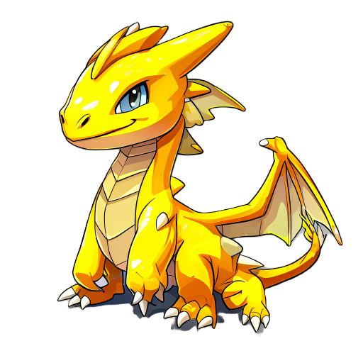 the first evolution stage of a lightning type yellow dragon creature facing right