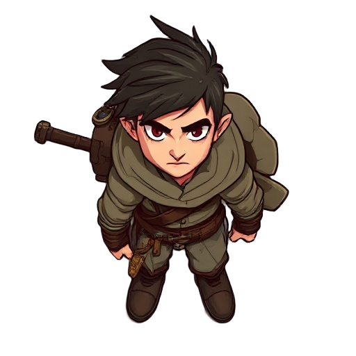 🧑 age: late twenties, but marked by the burden he carries.  😈 aura: he seems to be only barely on the side of good. his gaze is determined, almost grim.  🩸 clothing and armor:  tattered adventurer’