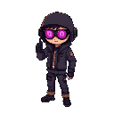 pixel cyberpunk spy experiement kid who was a purple fire aura that can control time